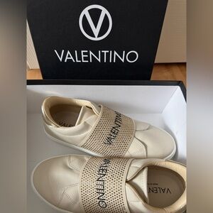 Valentino Cream & Gold Leather Slip-On Sneakers with Embellished Strap
